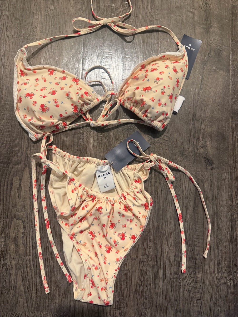 Parke Cream Floral Bikini Top with Red and Pink Accents